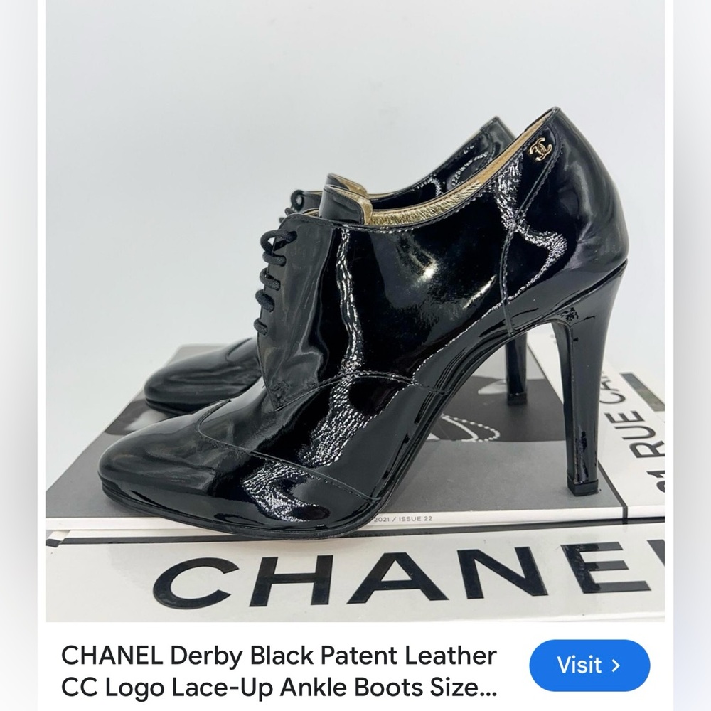 CHANEL Derby Black Patent Leather Lace-Up Ankle Booties/Shoes 36.5/6.5